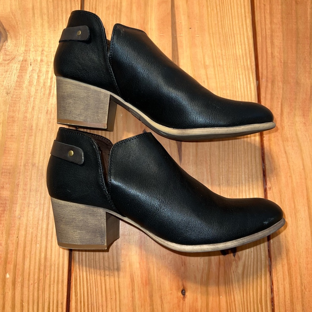 Route 66 Black Ankle Booties with Tan Heel